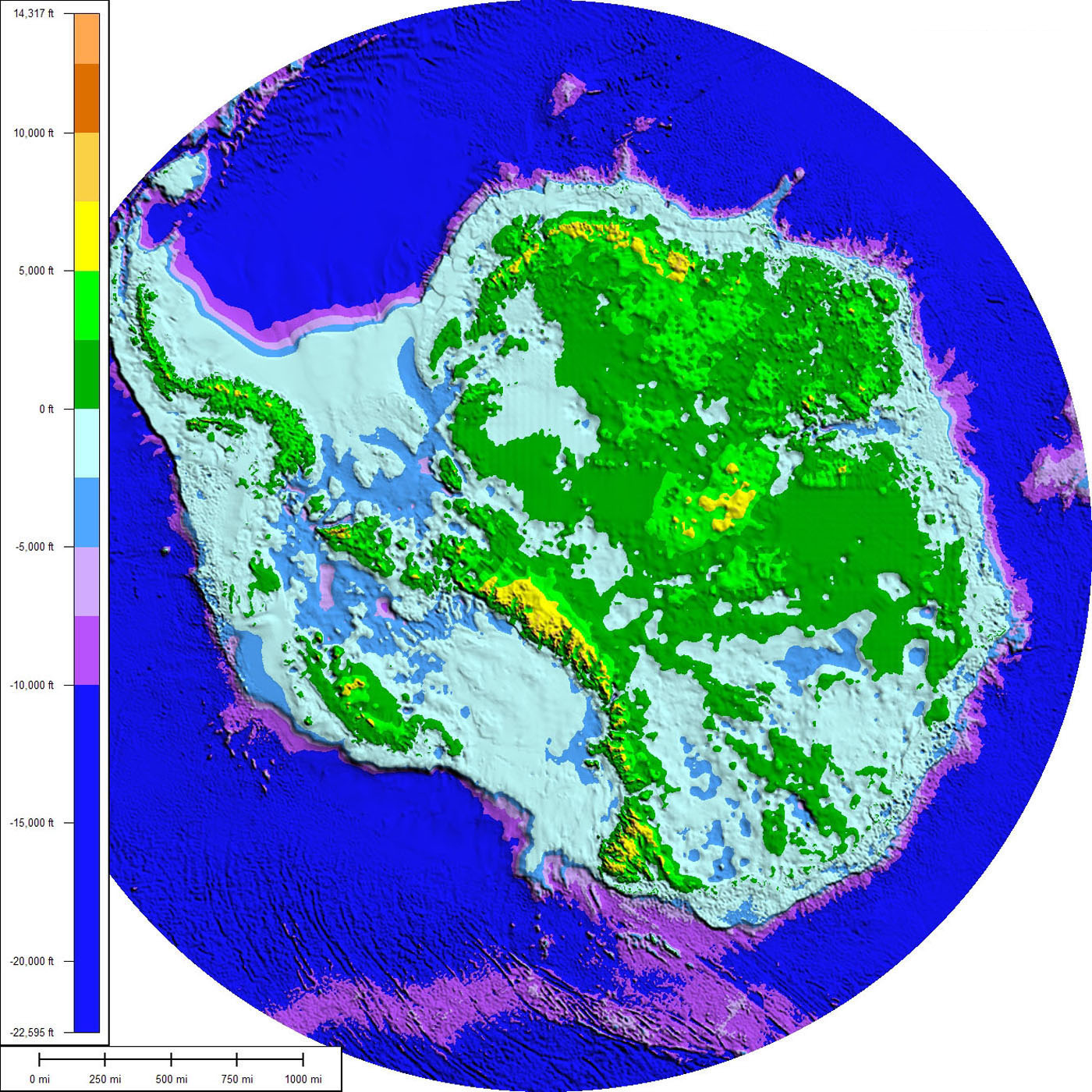 Subglacial topography and bathymetry of Antarctica, prepared from the BEDMAP gridded dataset. The Aurora Subglacial Basin sits as a deep blue depression in Wilkes Land, draining through the Totten, Moscow University, and Vanderford glacier systems to the Sabrina Coast. The map is the substrate — inferred from surface radar and gravity, not drilled. (Paul V. Heinrich, Wikimedia Commons, CC BY 3.0)